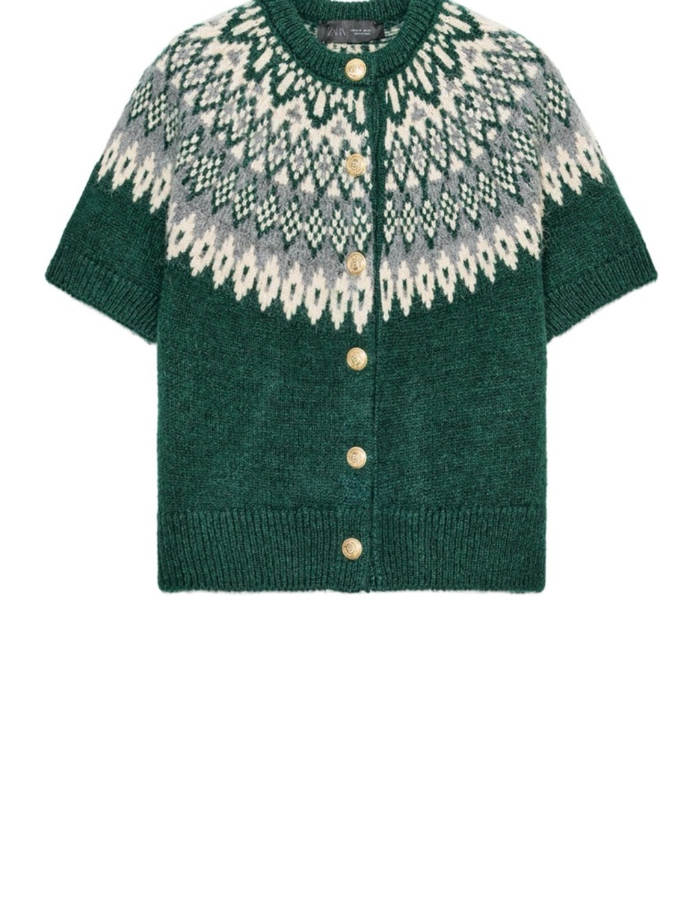 ZARA Green Short-Sleeve Fair Isle Cardigan with Cream and Gray Yoke